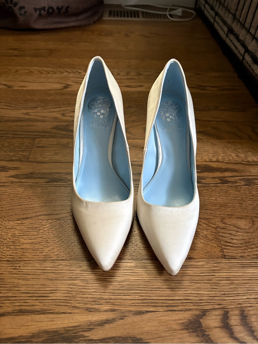 Vince Camuto White Pointed-Toe Pumps with Light Blue Lining
